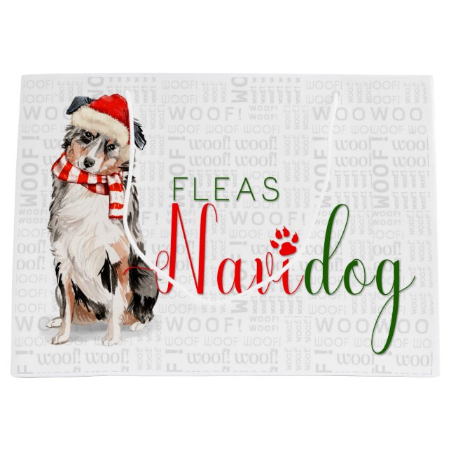 Sacola Para Presentes Grande Feliz Natal Fleas Navidog - Pastor australiano (Frente)
