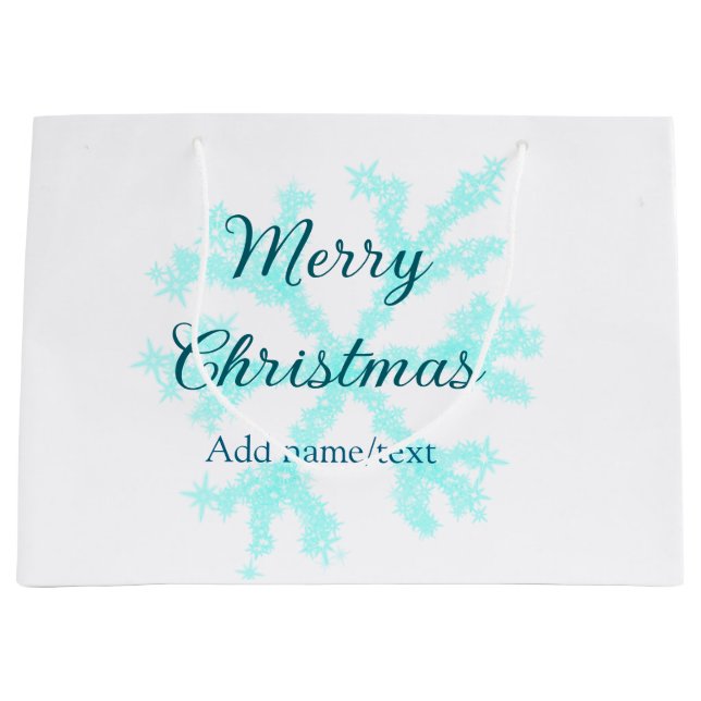 Sacola Para Presentes Grande Feliz Natal flocos de neve azuis brilhando (Frente)