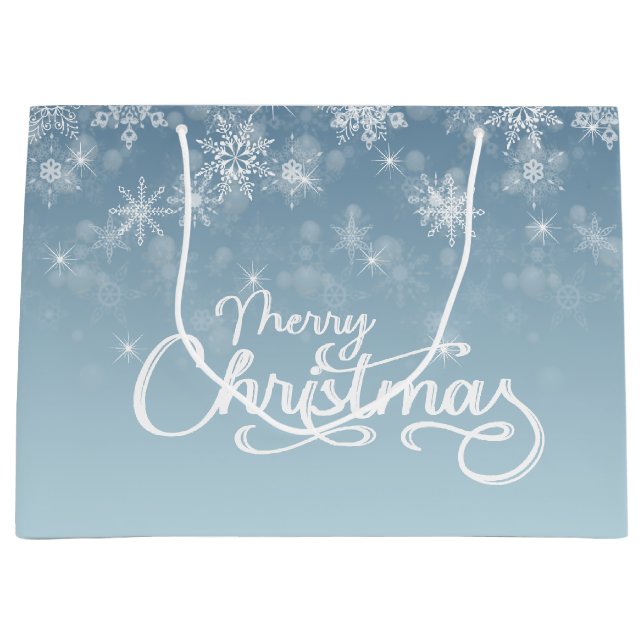 Sacola Para Presentes Grande Feliz Natal Flocos de Neve Feriado Azul (Frente)