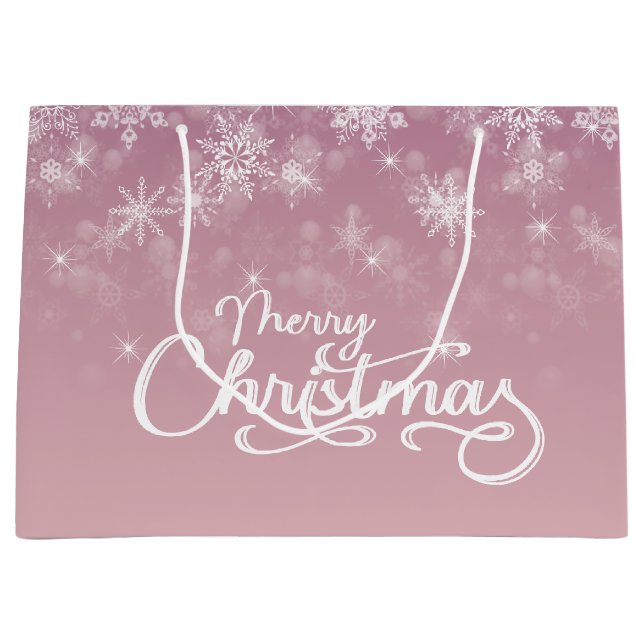 Sacola Para Presentes Grande Feliz Natal Flocos de Neve Férias Rosa (Frente)