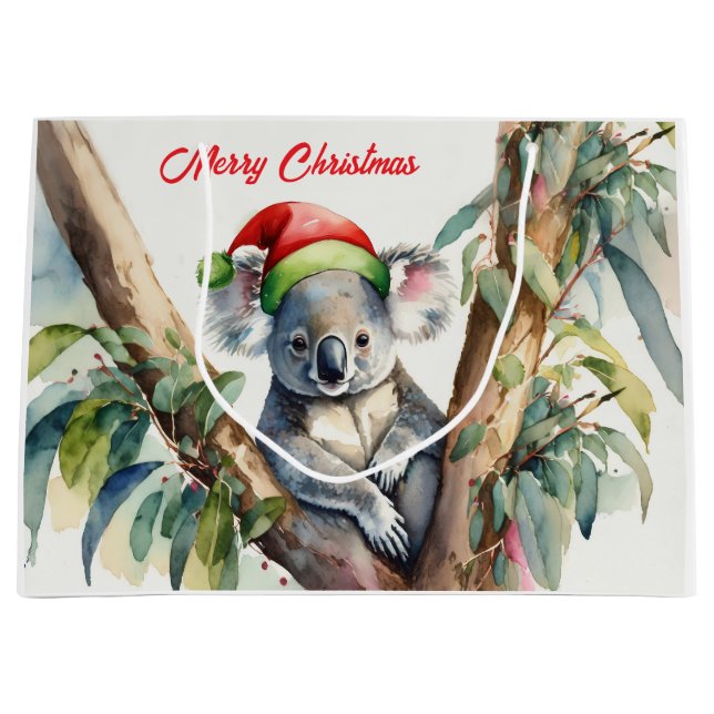 Sacola Para Presentes Grande Feliz Natal Koala sentado em Gumtree (Frente)
