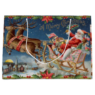 Sacola Para Presentes Grande Feliz Natal Papai Noel Vintage num trenó