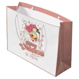 Sacola Para Presentes Grande Feliz Natal Papais noeis de Tipografia Retro Rosa 