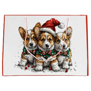 Sacola Para Presentes Grande Feliz Natal Pembroke Welsh Corgi Puppies
