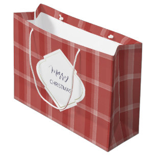 Sacola Para Presentes Grande Feliz Natal Personalizado Tartan Burgundy Vermelho
