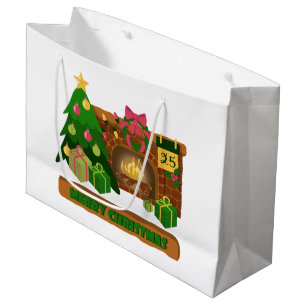 Sacola Para Presentes Grande Feliz Natal perto da árvore de Natal de lareira bo