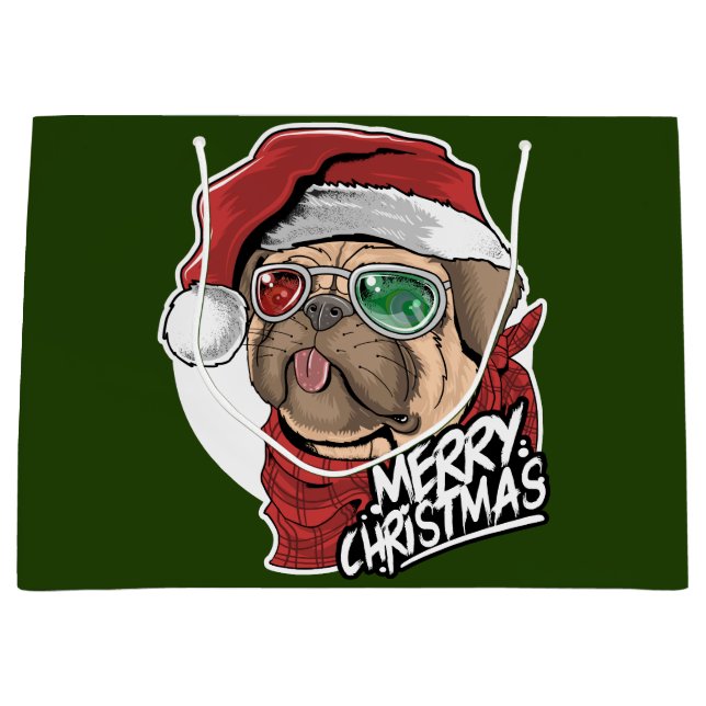 Sacola Para Presentes Grande Feliz Natal Pug (Frente)