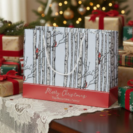 Sacola Para Presentes Grande Feliz Natal Red Cardinal Bird & Birch Tree