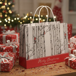 Sacola Para Presentes Grande Feliz Natal Red Cardinal Bird & Birch Tree