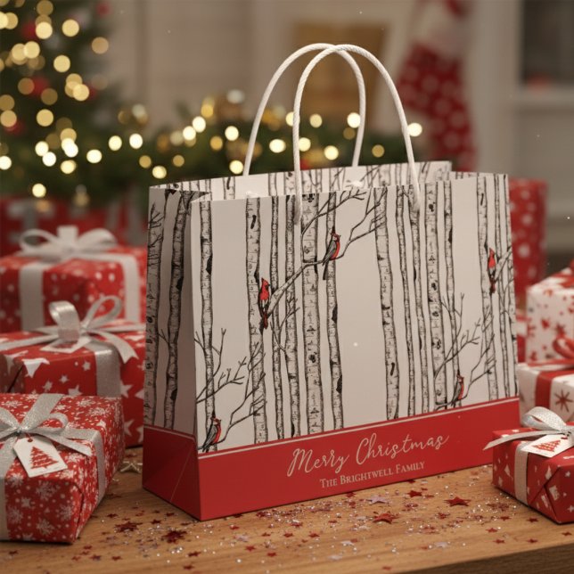 Sacola Para Presentes Grande Feliz Natal Red Cardinal Bird & Birch Tree (Modern Nature Wildlife Pattern. Hand Drawn Cardinal Birds in Winter Birch Tree Forest. Red & Gray)
