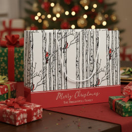 Sacola Para Presentes Grande Feliz Natal Red Cardinal Bird & Birch Tree