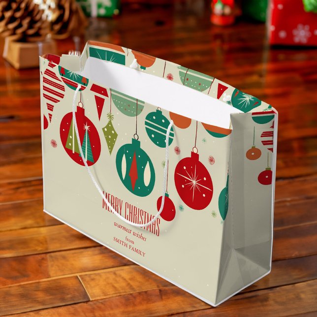 Sacola Para Presentes Grande Feliz Natal - Retrô de Meia-Sétima Simples (Merry Christmas modern retro midcentury baubles beige simple Large Gift Bag)