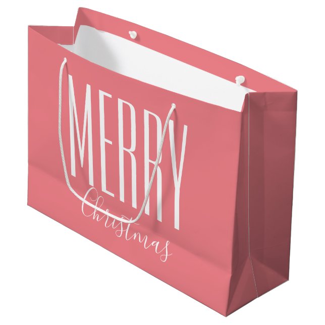 Sacola Para Presentes Grande Feliz Natal Rosa Branco (Frente inclinada)