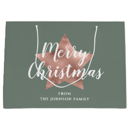 Sacola Para Presentes Grande Feliz Natal Rosa Dourado Star Sage Green