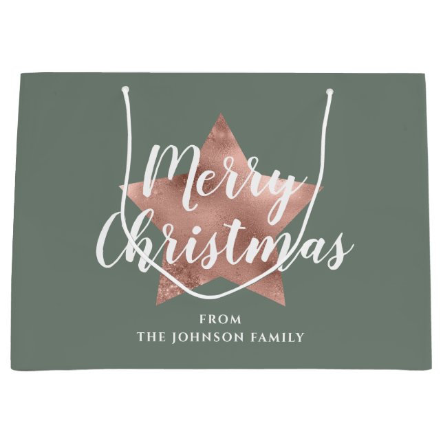 Sacola Para Presentes Grande Feliz Natal Rosa Dourado Star Sage Green (Frente)