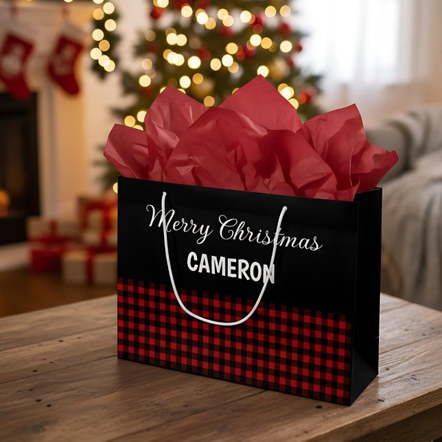 Sacola Para Presentes Grande Feliz Natal Rustic Red & Black Buffalo Xadrez (Criador carregado)
