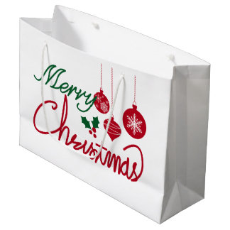 Sacola Para Presentes Grande Feliz Natal Vermelho e Verde Script Com Enfeites