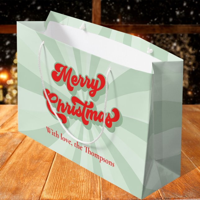 Sacola Para Presentes Grande Feliz Natal Vermelho Verde Whimsical Personalizado (Red and Green Merry Christmas Retro vintage style typography large gift bag)