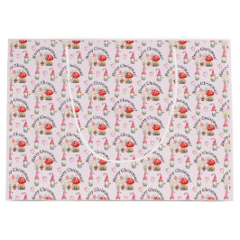 Sacola Para Presentes Grande Feliz Natal Watercolor Gnome E Cogumelos