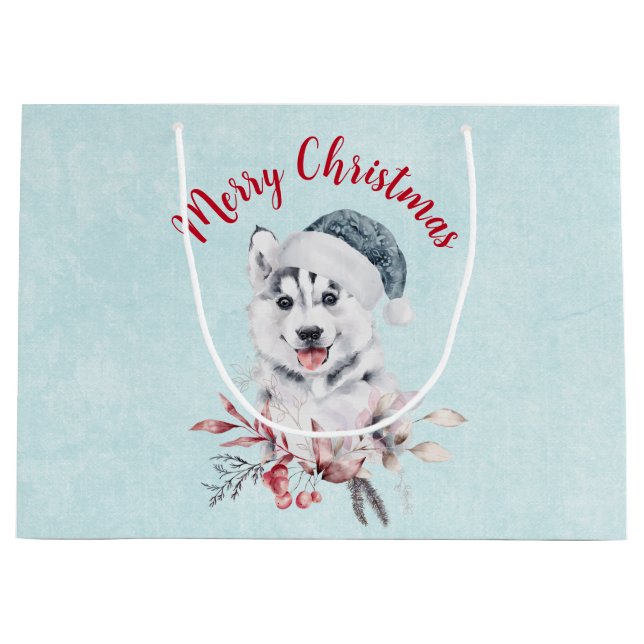 Sacola Para Presentes Grande Feliz Rouco de Natal Cachorro em um Chapéu Santa (Frente)