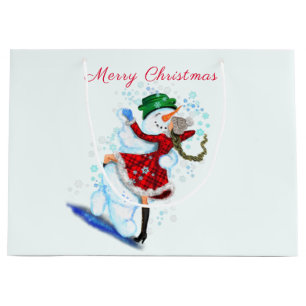 Sacola Para Presentes Grande Feliz Snowman e Girl Dance Tango Abraço de Natal