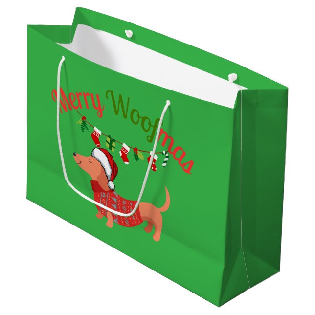 Sacola Para Presentes Grande Feliz WOOFmas (Frente inclinada)