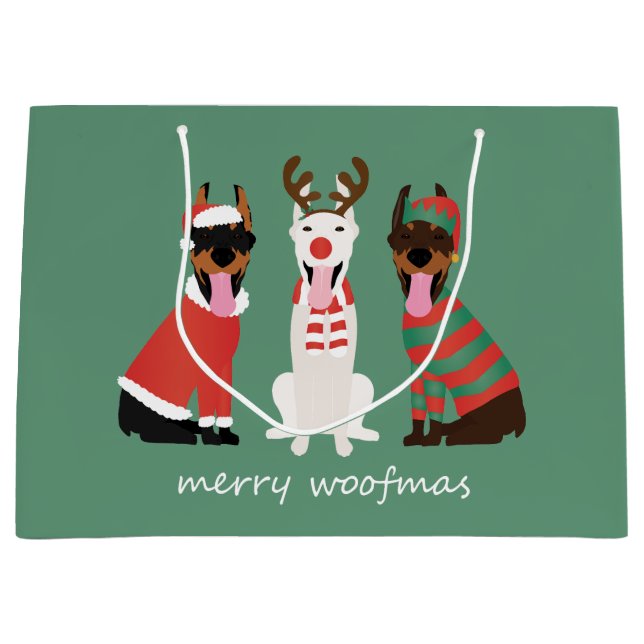 Sacola Para Presentes Grande Feliz Woofmas Dobermann - Cães de Natal (Frente)