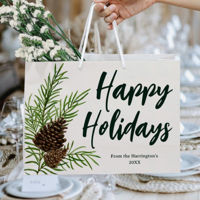 Sacola Para Presentes Grande Felizes Feriados Aquarela Inverno Pine Ivory (Criador carregado)