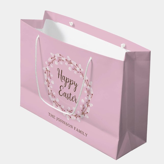 Sacola Para Presentes Grande Felz pascoa Selvagem Rosa Elegante (Elegant Pink Pussy Willow Happy Easter Large Gift Bag)