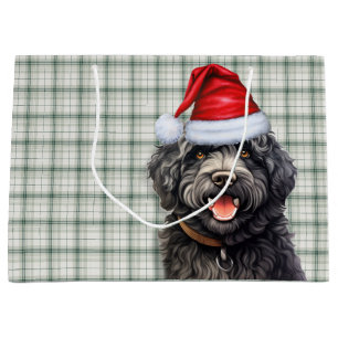 Sacola Para Presentes Grande Feriado de Cachorro de Barbet Xadrez Verde