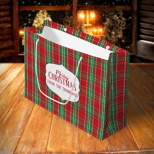 Sacola Para Presentes Grande Feriado de inverno - Xadrez de Tartan russo vermel (Merry Christmas red and green plaid pattern large gift bag)