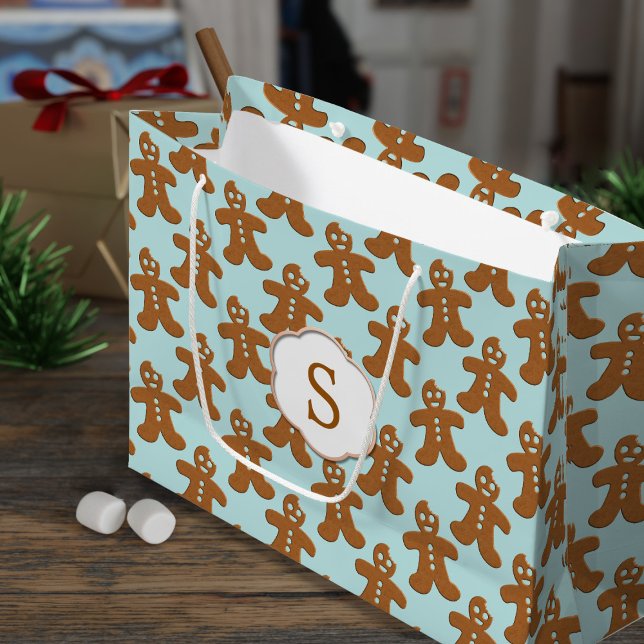 Sacola Para Presentes Grande Feriado de Natal com Pão de Gengala Bonito (Cute gingerbread men patterned gift bag with space for your initial)