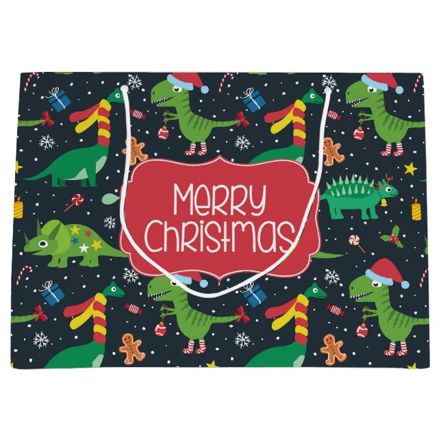 Sacola Para Presentes Grande Feriado de Natal Dinossauro Gift Bag (Frente)