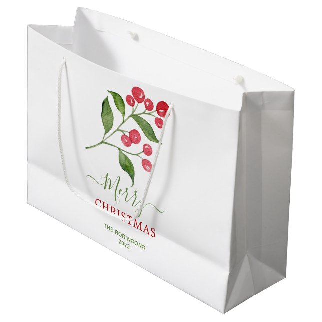 Sacola Para Presentes Grande Feriado de Natal Greenery Red Berries (Frente inclinada)