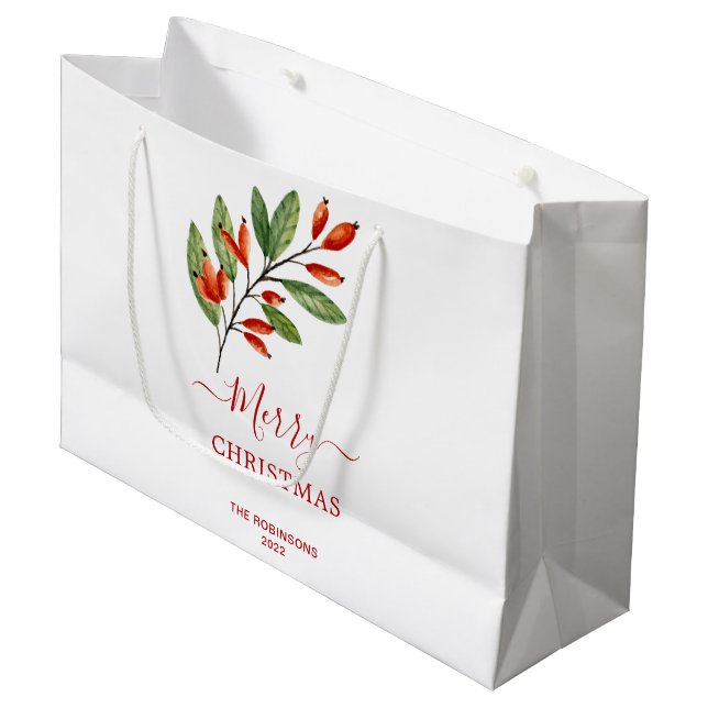 Sacola Para Presentes Grande Feriado de Natal Red Berries Greenery (Frente inclinada)