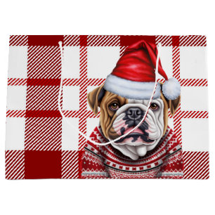 Sacola Para Presentes Grande Feriado do Bulldog da Xadrez Vermelha