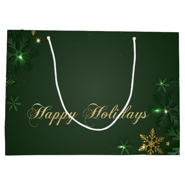 Sacola Para Presentes Grande Feriado Dourado de Neve Verde Elegante (Verso)