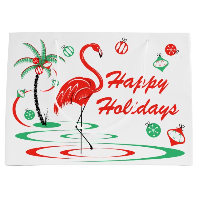 Sacola Para Presentes Grande Feriados felizes do Flamingo de Natal Vermelho gra (Frente)