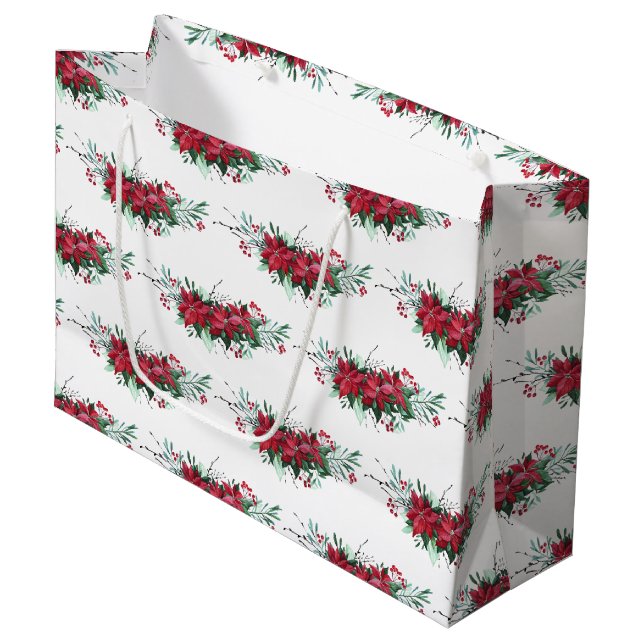 Sacola Para Presentes Grande Férias de Natal Poinsettia Botânica Festiva (Frente inclinada)