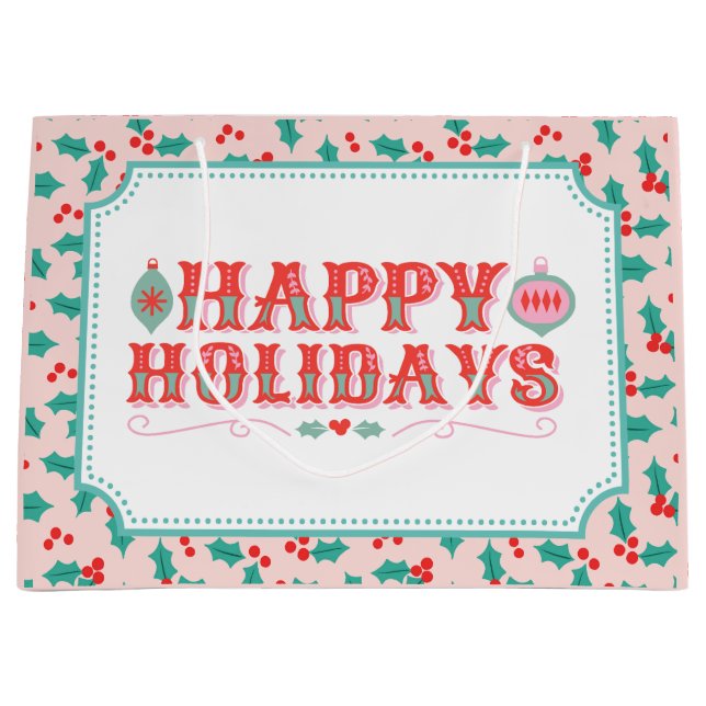 Sacola Para Presentes Grande Férias Felizes | Rosa e Red Holly (Frente)