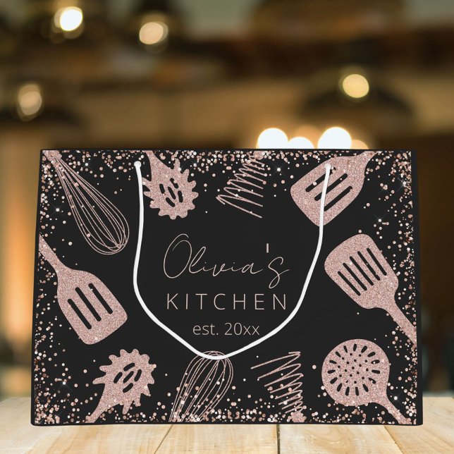 Sacola Para Presentes Grande Ferramentas de Cozinhar Glitter Dourado para Rosa  (Close up)