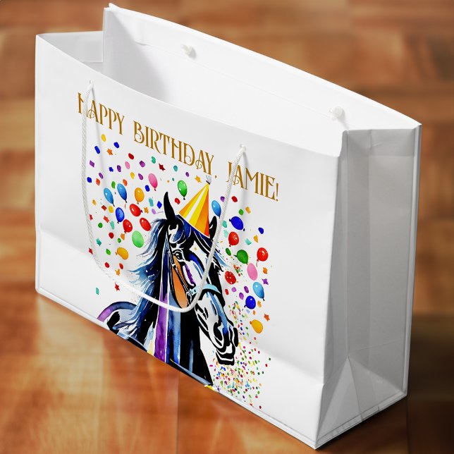 Sacola Para Presentes Grande Festa de aniversário engraçada e engraçada elegant (Horse themed birthday party funny elegant large gift bag)