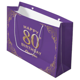 Sacola Para Presentes Grande Festa de aniversário Roxo e quadro Glitter Dourado