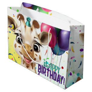 Sacola Para Presentes Grande Festa de Girafa Corajosa, Aniversário de criança d