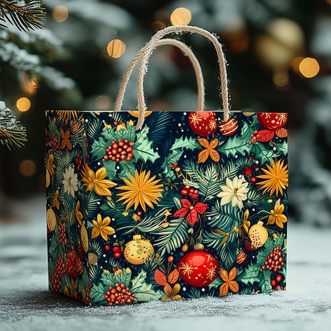 Sacola Para Presentes Grande Festive Christmas Ornaments with Name Area (Criador carregado)