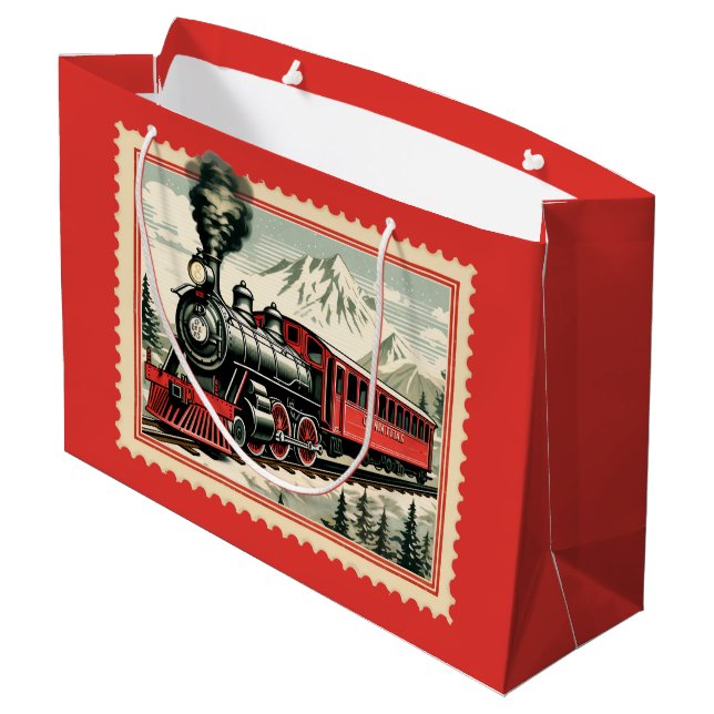 Sacola Para Presentes Grande Festivo, aquarela de Natal, Comboio Feriado (Verso inclinado)
