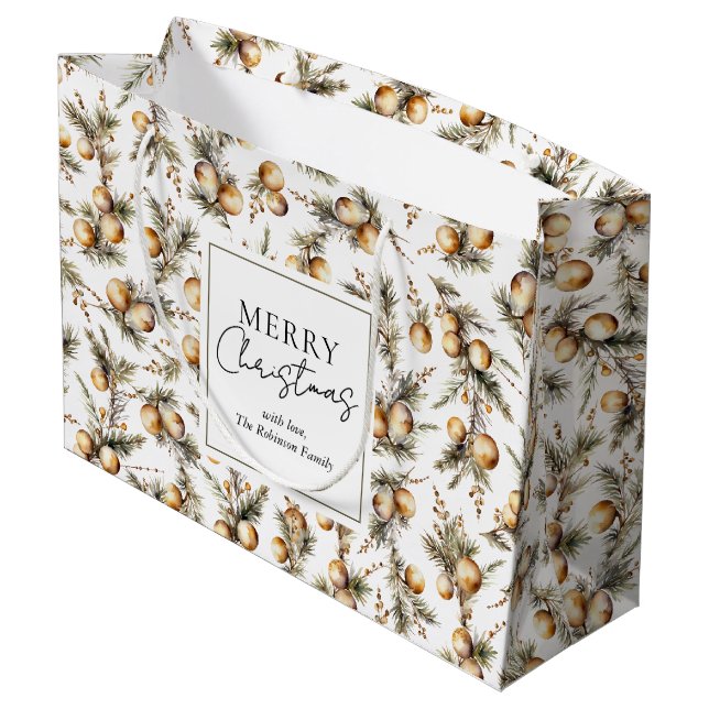 Sacola Para Presentes Grande Festivo Aquarela Dourada Folhagem Natal (Verso inclinado)
