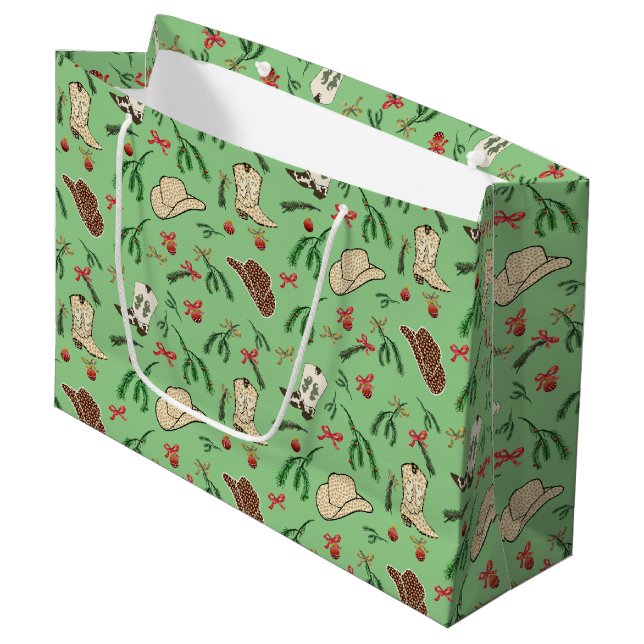 Sacola Para Presentes Grande Festivo Holiday Cowboy Rodeo Pattero Sage (Frente inclinada)