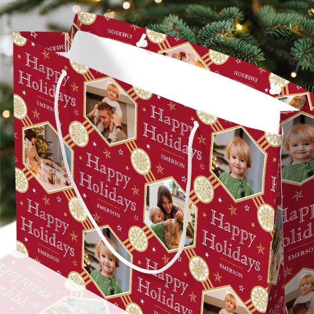 Sacola Para Presentes Grande Festivo Natal Floco Foto Clássica Vermelha Profund (Criador carregado)