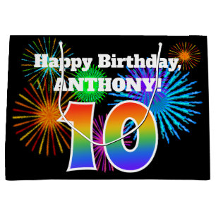 Sacola Para Presentes Grande Fireworks divertido + Rainbow Pattern "10" Anivers